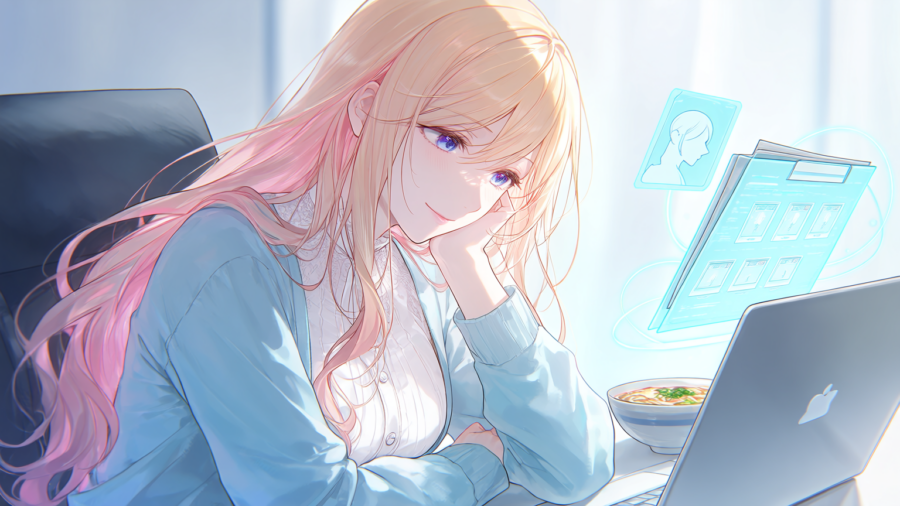 ノートパソコンの前で、ユーザーとデータの関係を考えるピンク髪の女性のイラスト