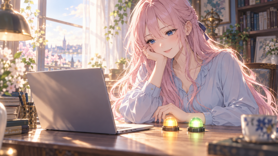 窓辺の書斎で、ノートパソコンと二つの小さな表示灯を見比べる桜色の長髪の女性。