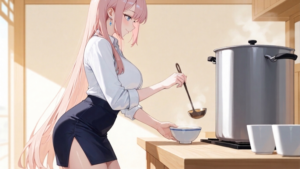 天色ななみが大きな寸胴鍋から出汁を一杯ずつ丼へ注ぎ、巨大なログを順番に処理する様子を表したイラスト。