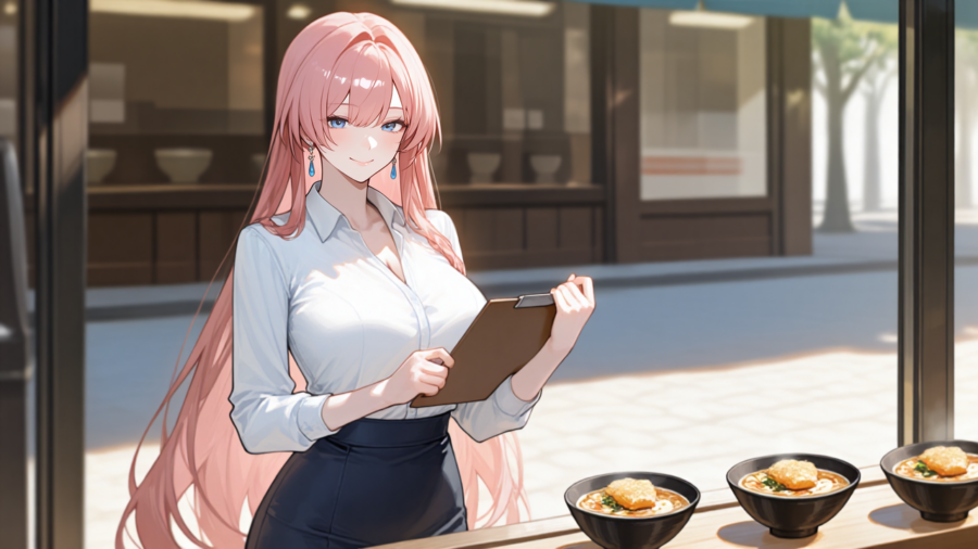 天色ななみが、すべて同じおあげを載せた3種類のうどんを確認し、手本への偏りを点検するイラスト。