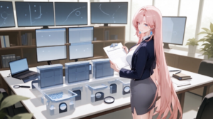 桜色の長髪のIT職女性が、自宅勤務と出社の模型、割合を示す容器、契約ファイルを会議室で確認するアニメイラスト。