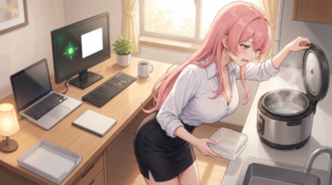 桜色の長髪のIT職女性が、完了ランプの点いたPCのそばで、お米のない炊飯器を開けて驚くアニメイラスト。