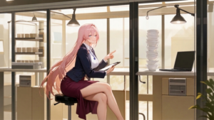 桜色の長髪のIT職女性が、独立した2つの検証ブースと、共有棚で競合する処理を確認しているアニメイラスト。
