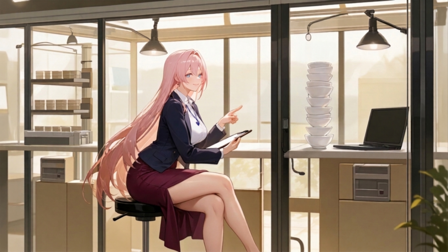 桜色の長髪のIT職女性が、独立した2つの検証ブースと、共有棚で競合する処理を確認しているアニメイラスト。
