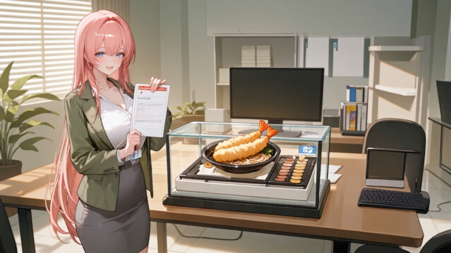 桜色の長髪のIT職女性が、華やかな求人の食品サンプルと、還元率や待機中の給与を表す計算トレーを見比べるアニメイラスト。