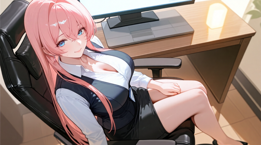 オフィスで椅子に座っている桜色の長髪の女性のイラスト
