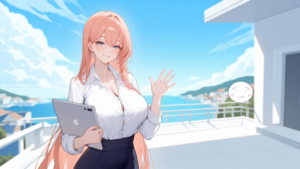 晴れた屋上テラスで、桜色の長い髪の助手・天色ななみが、ノートパソコンを抱えて手を振るアニメイラスト。