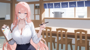 仕込み中で椅子がテーブルに上がったうどん屋の店内で、桜色の長髪のIT職女性が、丸とバツの並ぶチェックリストを確かめるアニメイラスト。