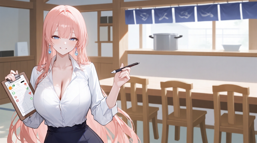 仕込み中で椅子がテーブルに上がったうどん屋の店内で、桜色の長髪のIT職女性が、丸とバツの並ぶチェックリストを確かめるアニメイラスト。