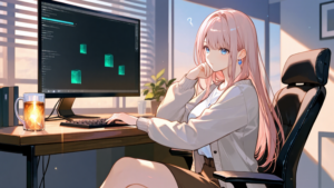 「スクリプトを閉じても、設定は残る」を、画面の前で気づきを得た表情と、残り続ける光のイメージ